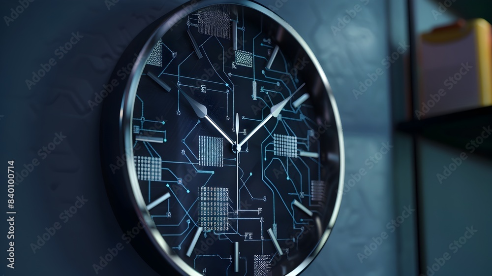 Poster sleek abstract tech clock with intricate digital patterns and futuristic design a 3d rendered image 