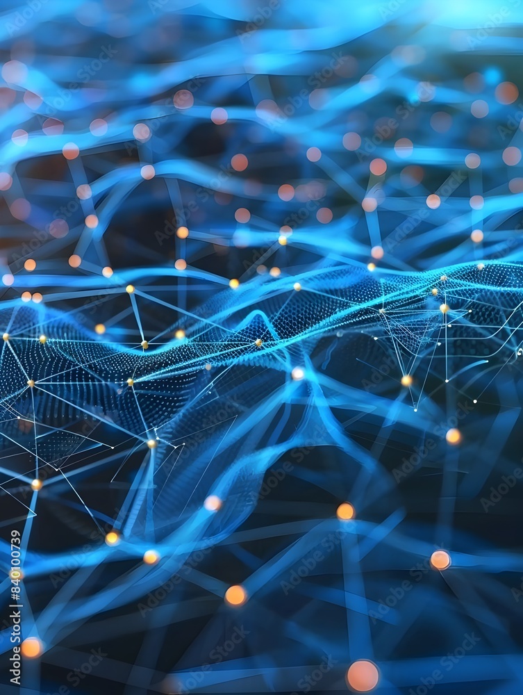 Poster intricate digital network mesh abstract tech connections backdrop with glowing blue and orange polyg