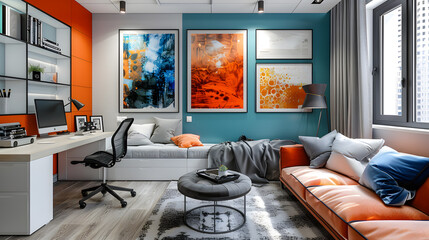 A creative workspace with a dynamic color palette and interesting wall art to inspire creativity, featuring an adjustable desk and ergonomic furniture.
