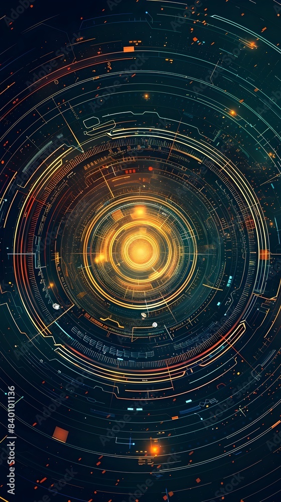 Poster captivating depicting a mesmerizing digital landscape composed of concentric circles filled with a d