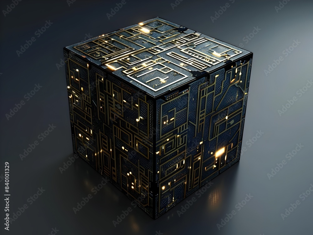 Poster futuristic tech cube a captivating 3d rendered design showcasing an intricate complex arrangement of