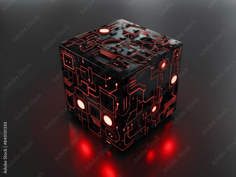 Poster a 3d rendered cube with intricate futuristic technology patterns and glowing neon like circuits crea