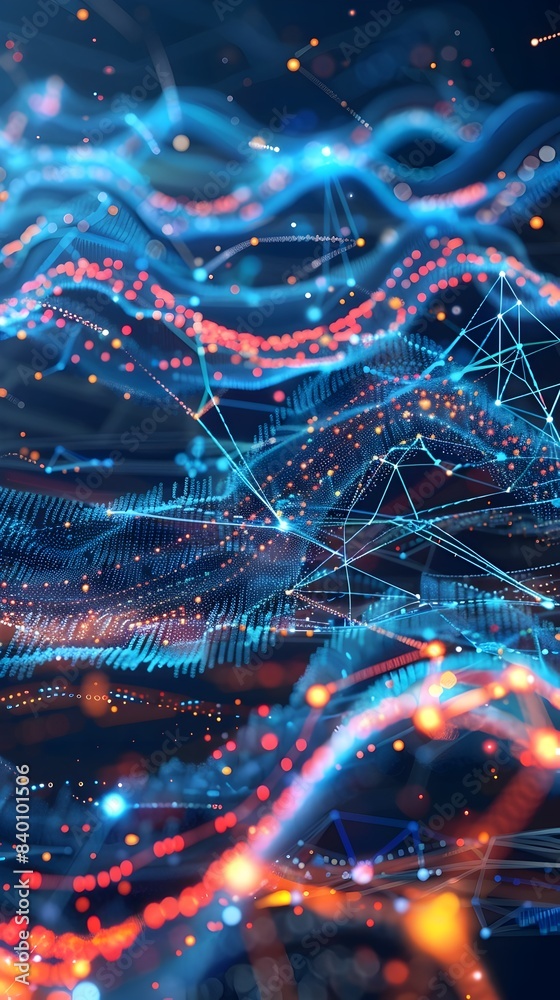 Poster captivating showcasing waves of interconnected tech elements and digital patterns against a futurist