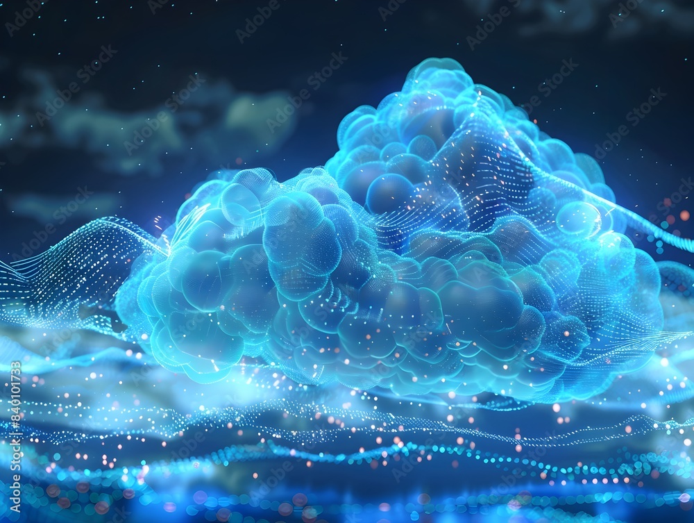 Poster captivating 3d rendered abstract data cloud with flowing glowing digital elements and particles show