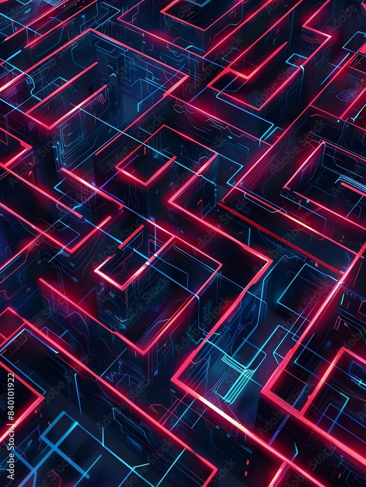 Poster an abstract and futuristic depicting a complex labyrinth of interconnected digital lines geometric p