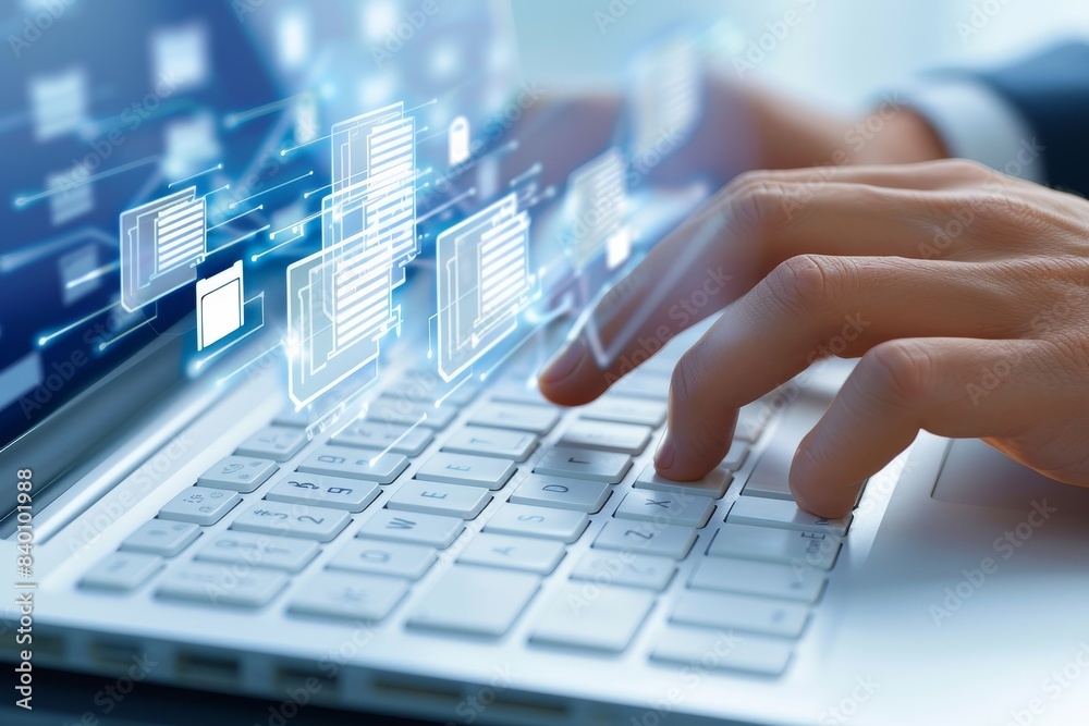 Poster businessman's digital holding folder and document icon software, searching and managing documents in