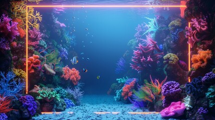 Fototapeta premium A detailed illustration of a neon frame enclosing a tropical paradise, with colorful fish and coral reefs, perfect for a tropical-themed design.