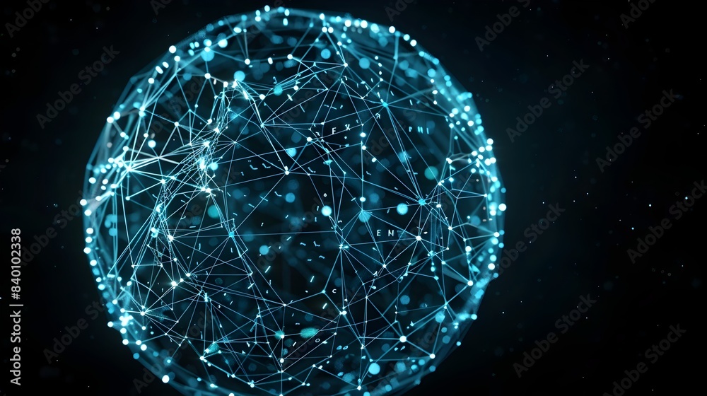 Poster a 3d rendered of an abstract tech network sphere with interconnected digital nodes dynamic data visu
