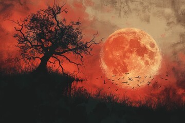 Dark Halloween scene with space for text, featuring spooky decorations
