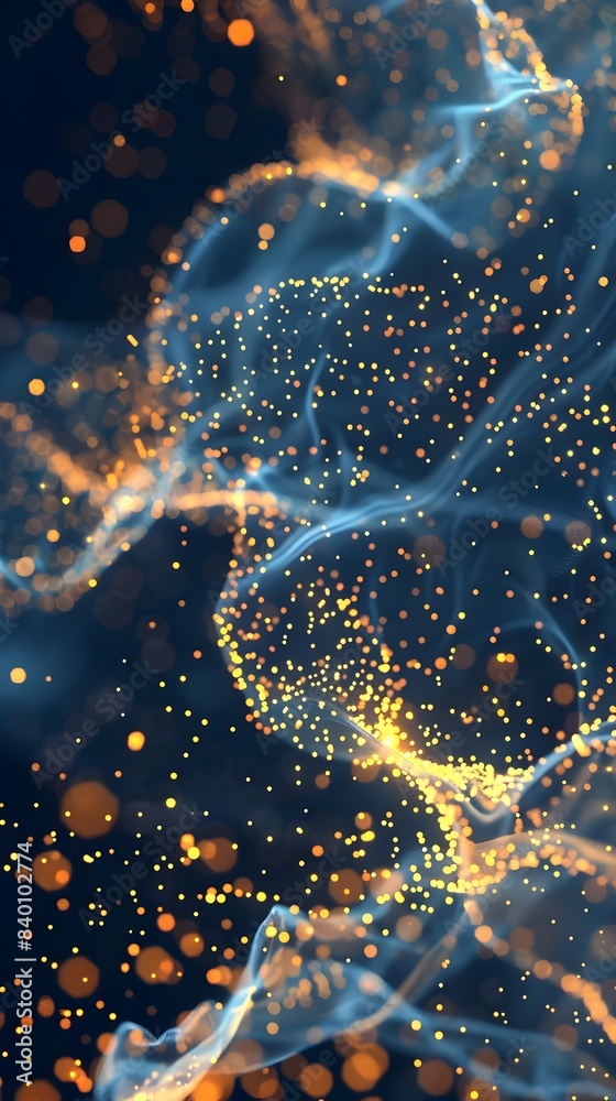 Poster flowing digital particles creating mesmerizing abstract tech shapes and luminous fractal like patter