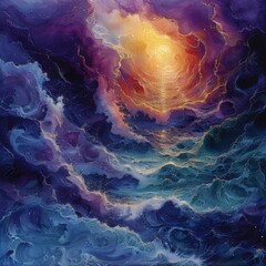 Obraz premium The painting depicts a galaxy with the sunlight peeking through the clouds