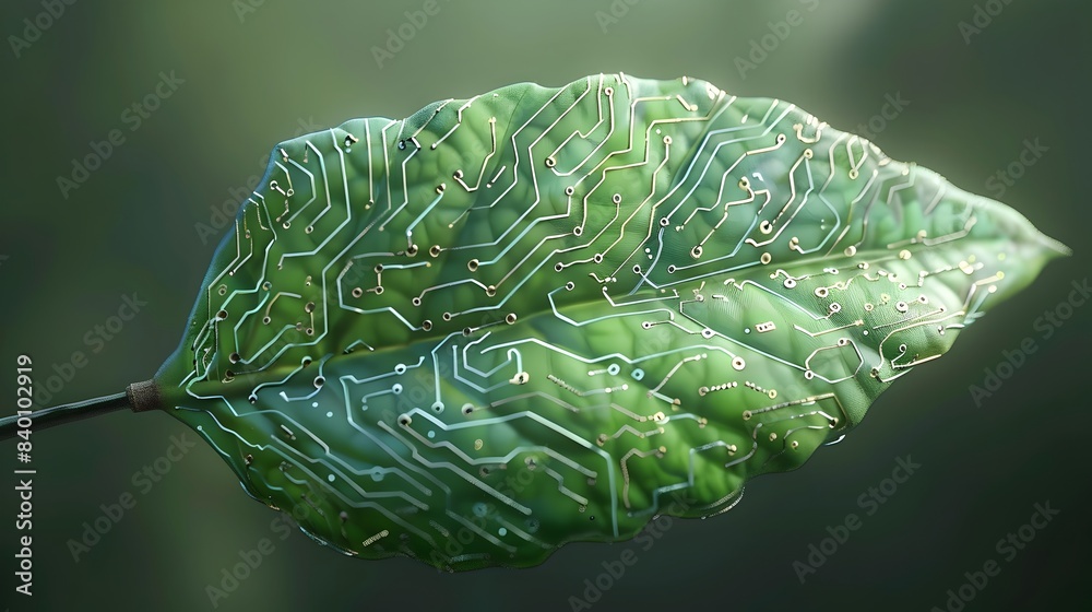 Poster tech leaf a digitally rendered image of a leaf with intricate circuit patterns symbolizing the conve