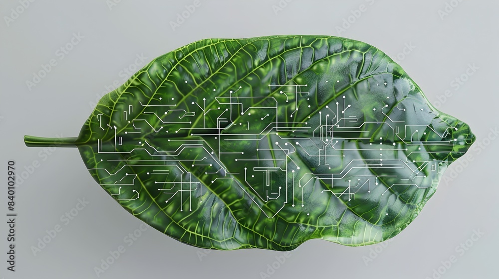 Poster tech leaf a 3d rendered image of a leaf with intricate circuit patterns symbolizing the of technolog