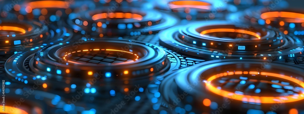 Poster glowing rings of luminous data streams abstract digital art depicting futuristic technology intercon