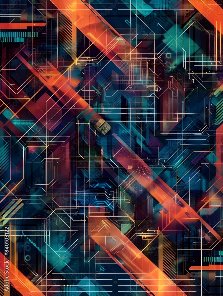 Poster digital mosaic a vibrant and futuristic featuring a mosaic of intricate technological patterns shape