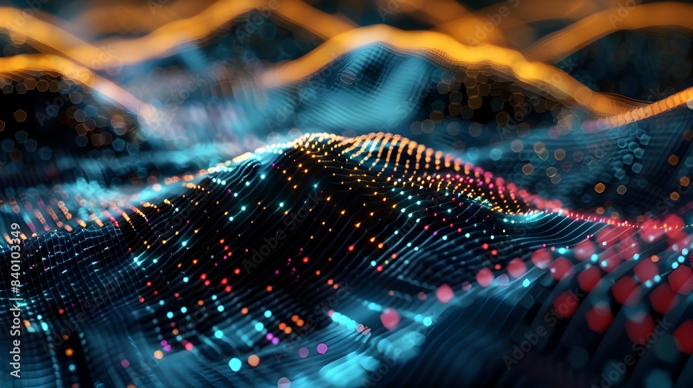 Poster abstract of a dynamic data field visualization with flowing particles and luminous connections acros