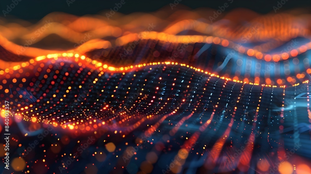 Poster flowing digital data field abstract futuristic technology with vibrant glowing particles waves and c