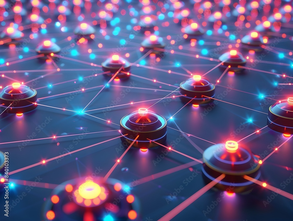 Poster futuristic 3d rendered image showcasing a complex network of glowing interconnected nodes and vibran