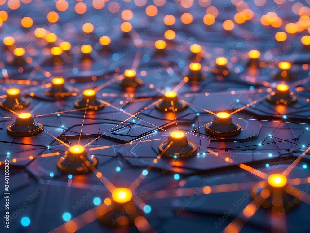 Poster glowing interconnected tech network of futuristic digital nodes and circuits a 3d rendered visualiza