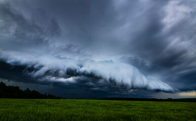 Storm clouds, shelf cloud over field, extreme weather, dangerous storm