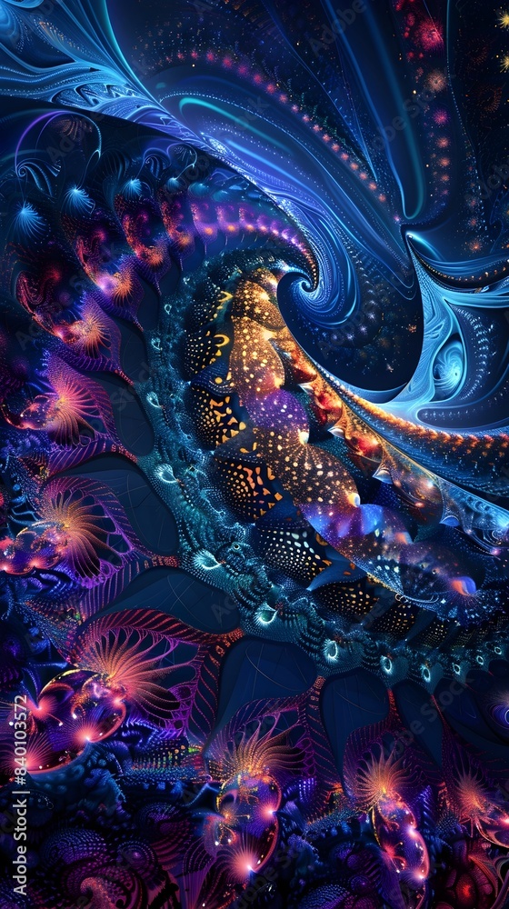 Poster immersive of abstract fractal designs in a digital realm showcasing vibrant swirling patterns and te