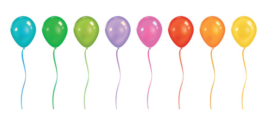 Set of realistic vector colorful balloons with ropes isolated on transparent background.