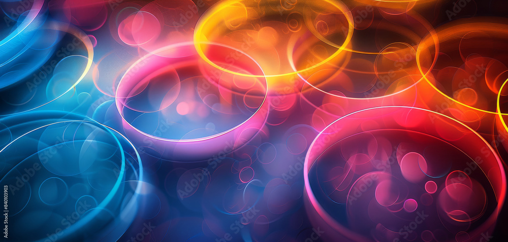 Fototapete A vibrant and colorful abstract design featuring overlapping circles in twelve vivid colors. The design has a flat color style with rhythmic patterns around the edges. Generative AI.