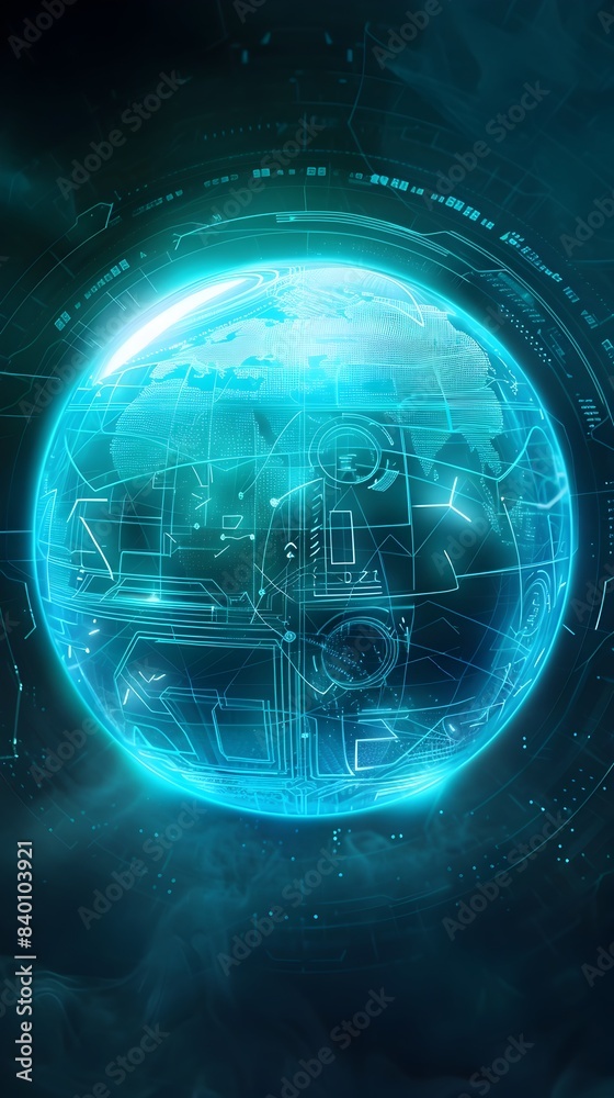 Aufkleber glowing tech orb with futuristic digital circuit designs wireframe elements and pulsing energy conce