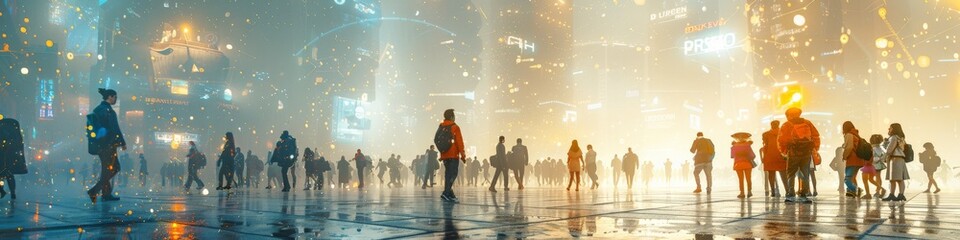 A large group of people walk down a wet street together