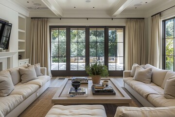 Fototapeta premium Neutral Color Palette Living Room, Living room with neutral colors and simple furnishings