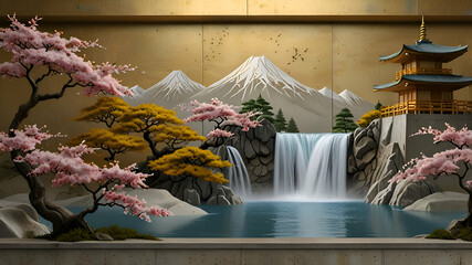 Volumetric stucco molding on a concrete wall with golden elements, Japanese landscape, waterfall, mountains, sakura
