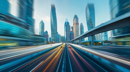 Time-lapse photography of modern futuristic cityscape and highway, lights, road, city