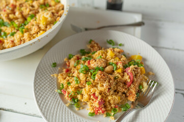 One Pot couscous chicken pan with white beans and vegetables