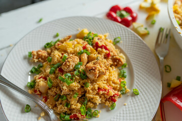 One Pot couscous chicken pan with white beans and vegetables