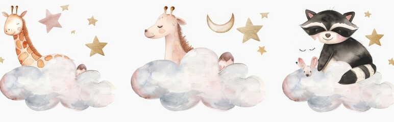 Obraz premium Animals sleeping in a nursery with watercolors, including a giraffe, a sloth, and a squirrel