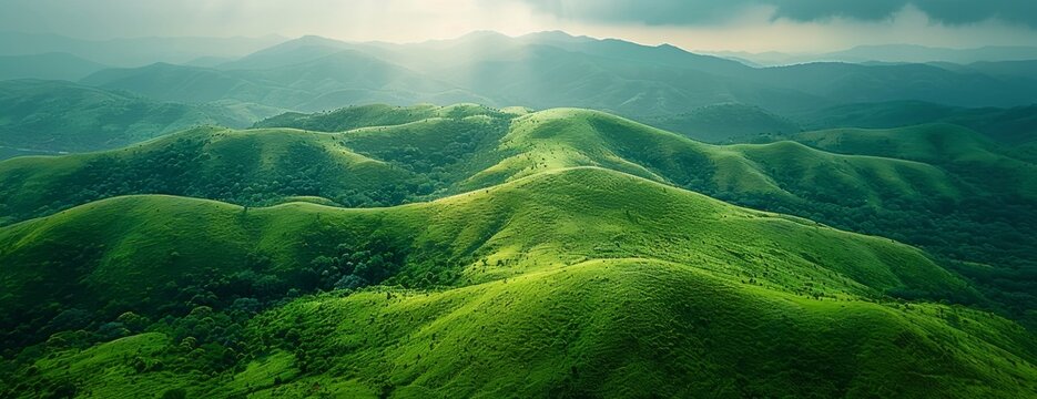 Expansive green hills rolling under a wide, open sky, the lush landscape basking in the soft light of early morning, a feeling of endless growth and the fresh breath of nature