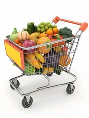 A digitally rendered image of a grocery shopping cart overflowing with a diverse selection of fresh  colorful fruits and vegetables displayed on a plain white background