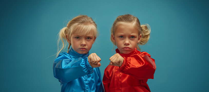 Two young girls are standing next to each other, both wearing red, blue outfits. They are both holding their hands up in the air. a playful. cute kids doing sambo in red and blue costumes