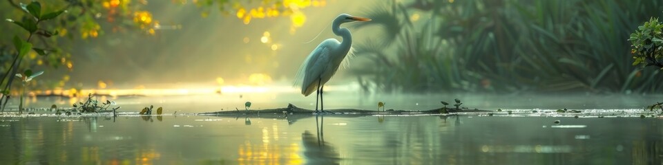 Naklejka premium A white bird perched on a log in a lake against a backdrop of natural scenery