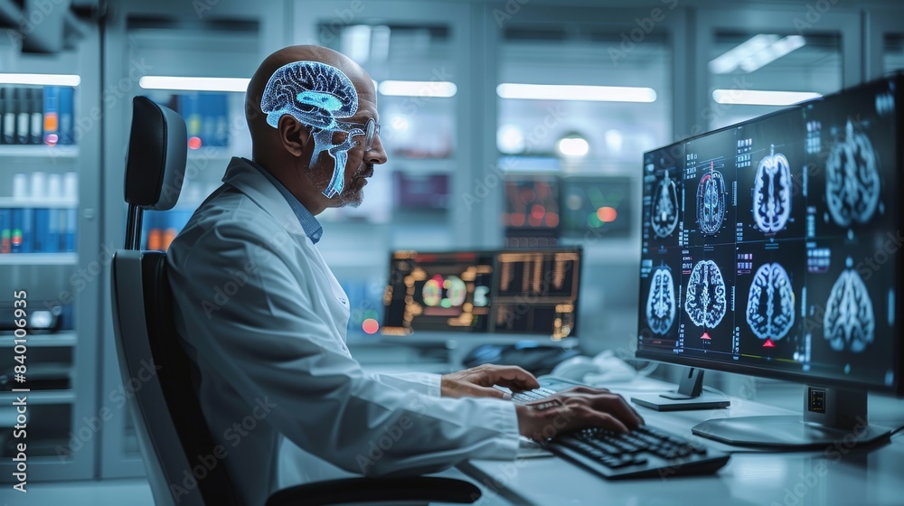 Poster A bald person with a chip implanted in their head, controlling a computer in a laboratory. The computer screen should display brain images and data. high-tech, scientific environment. Generative AI.