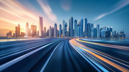 Time-lapse photography of modern futuristic cityscape and highway, lights, road, city