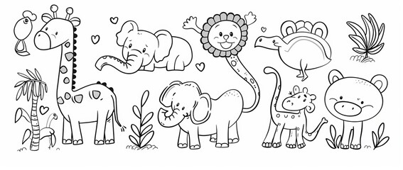African savannah line sketches and coloring pages. Modern graphics.