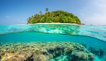 Fototapeta premium Tropical Island And Coral Reef - Split View With Waterline. Beautiful underwater view of lone small island above and below the water surface in turquoise waters of tropical ocean.