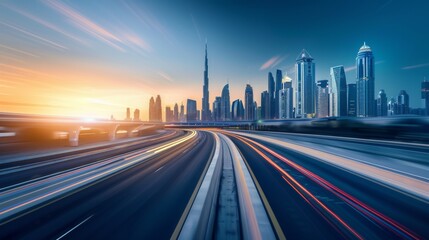 Obraz premium Time-lapse photography of modern futuristic cityscape and highway, lights, road, city
