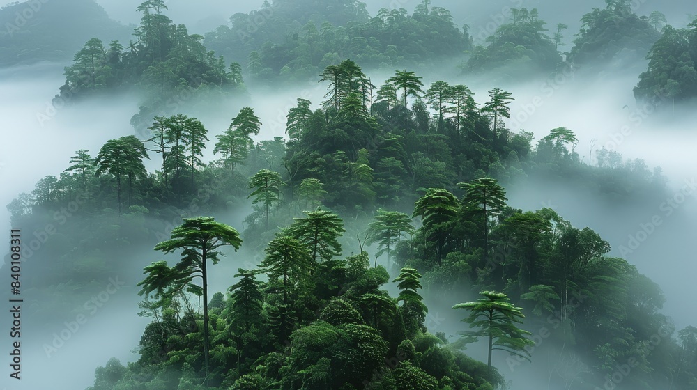 Poster Aerial high view of flying islands Magical fairy forest with fog. Generative AI.
