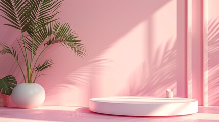 product podium on pink wall background with leaves