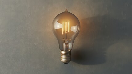 Classic 3D rendering of a blank light bulb on a gray background with shadow, incorporating grainy textures and a nostalgic color palette for a retro aesthetic