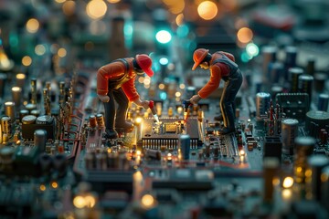 miniature engineer and worker repairing processor of a computer board chip use.