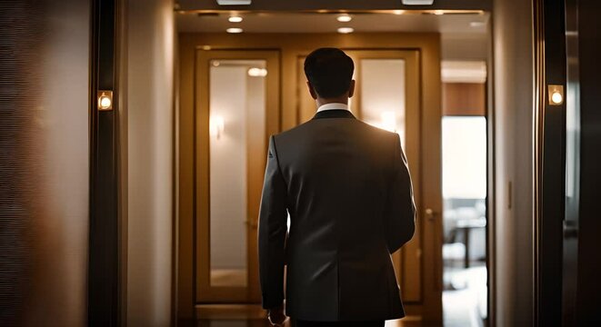 Hotel bellman working in luxury hotel.