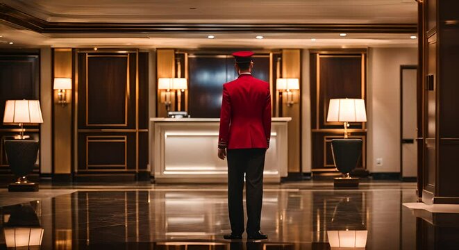 Hotel bellman working in luxury hotel.